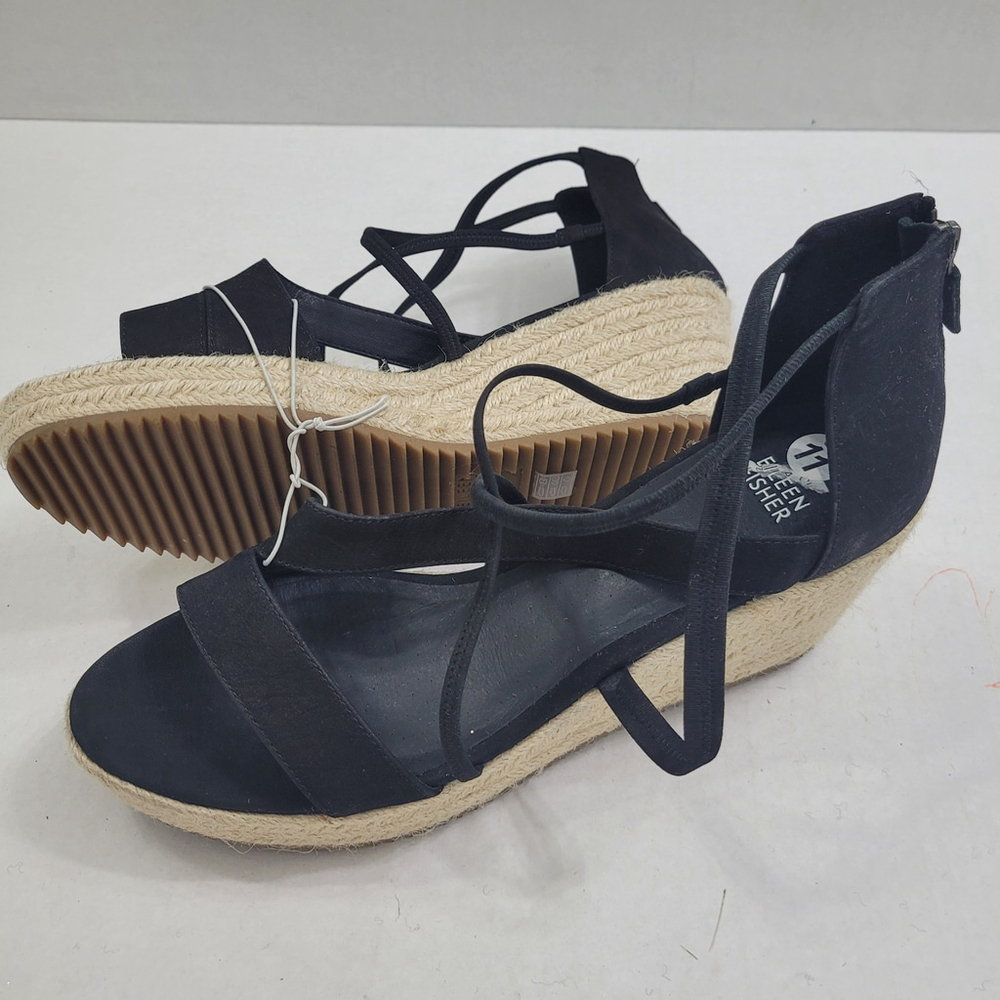 NEW Eileen Fisher Wanda Black Tumbled Nubuck Espadrille Wedge Sandal, Size 11 - Picture 6 of 11